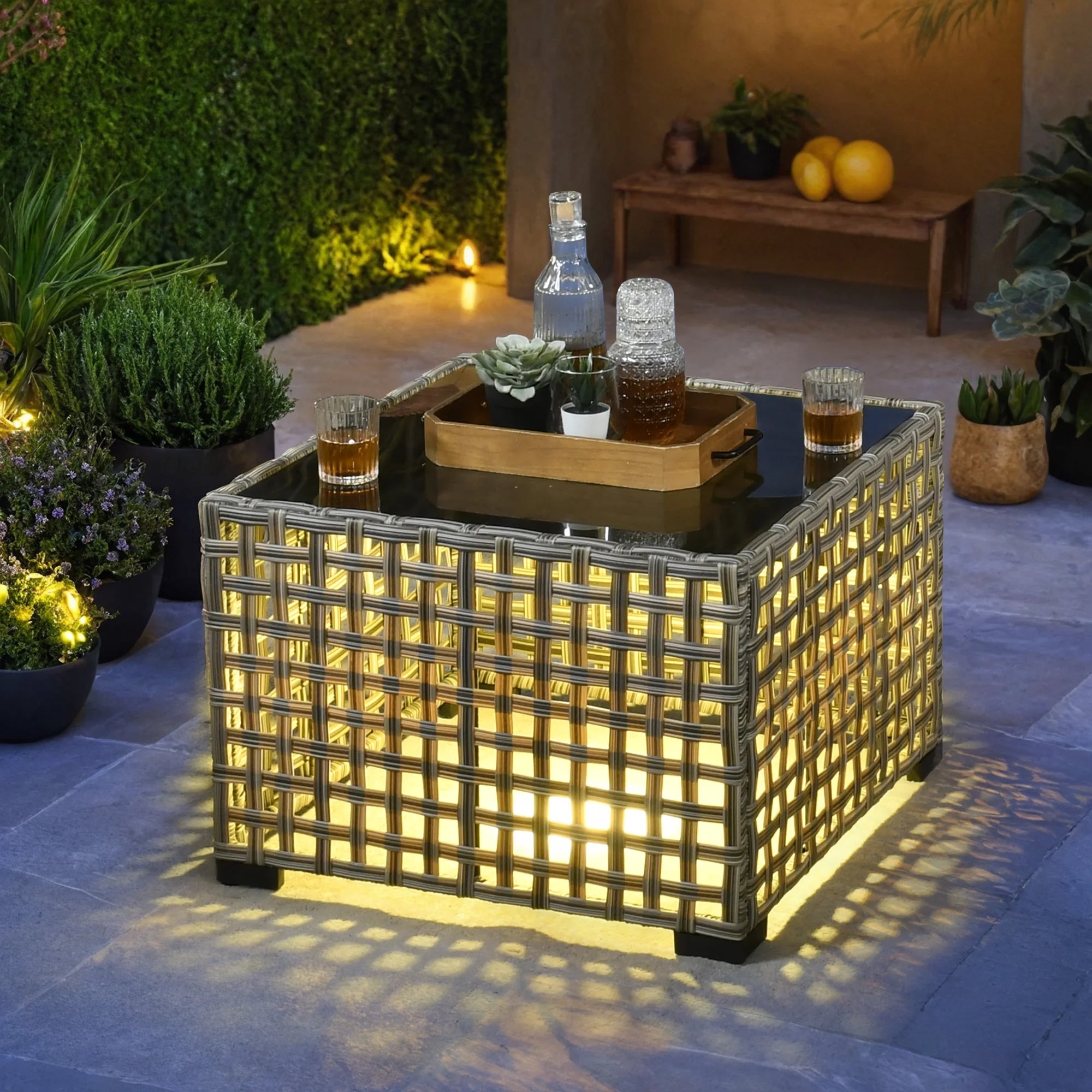 5 Pieces Outdoor Patio Furniture Set High-Back Rattan Wicker Conversation Set Outdoor Sectional with Swivel Chairs & Solar Light Coffee Table, Dark Grey