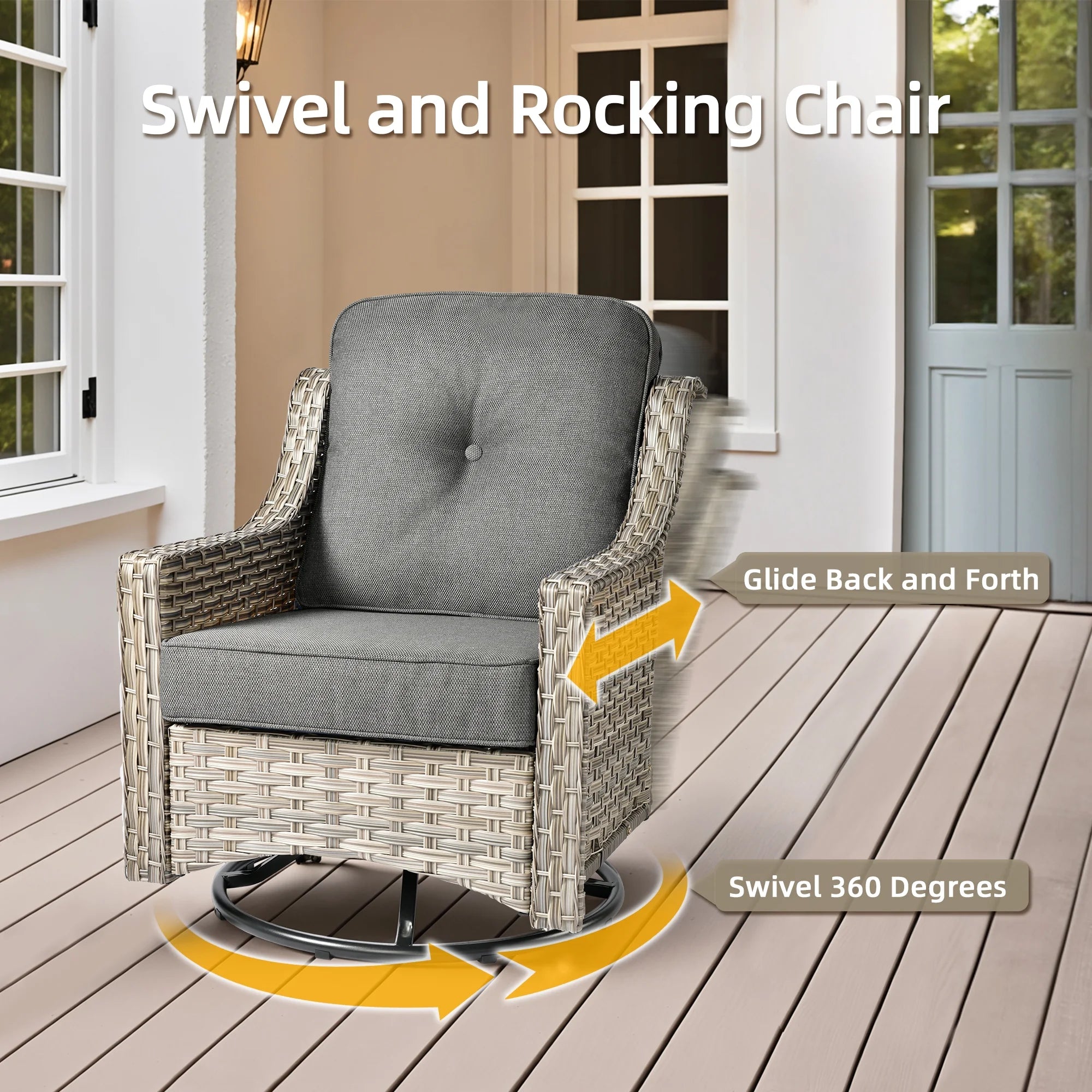 5 Pieces Outdoor Patio Furniture Set High-Back Rattan Wicker Conversation Set Outdoor Sectional with Swivel Chairs & Solar Light Coffee Table, Dark Grey