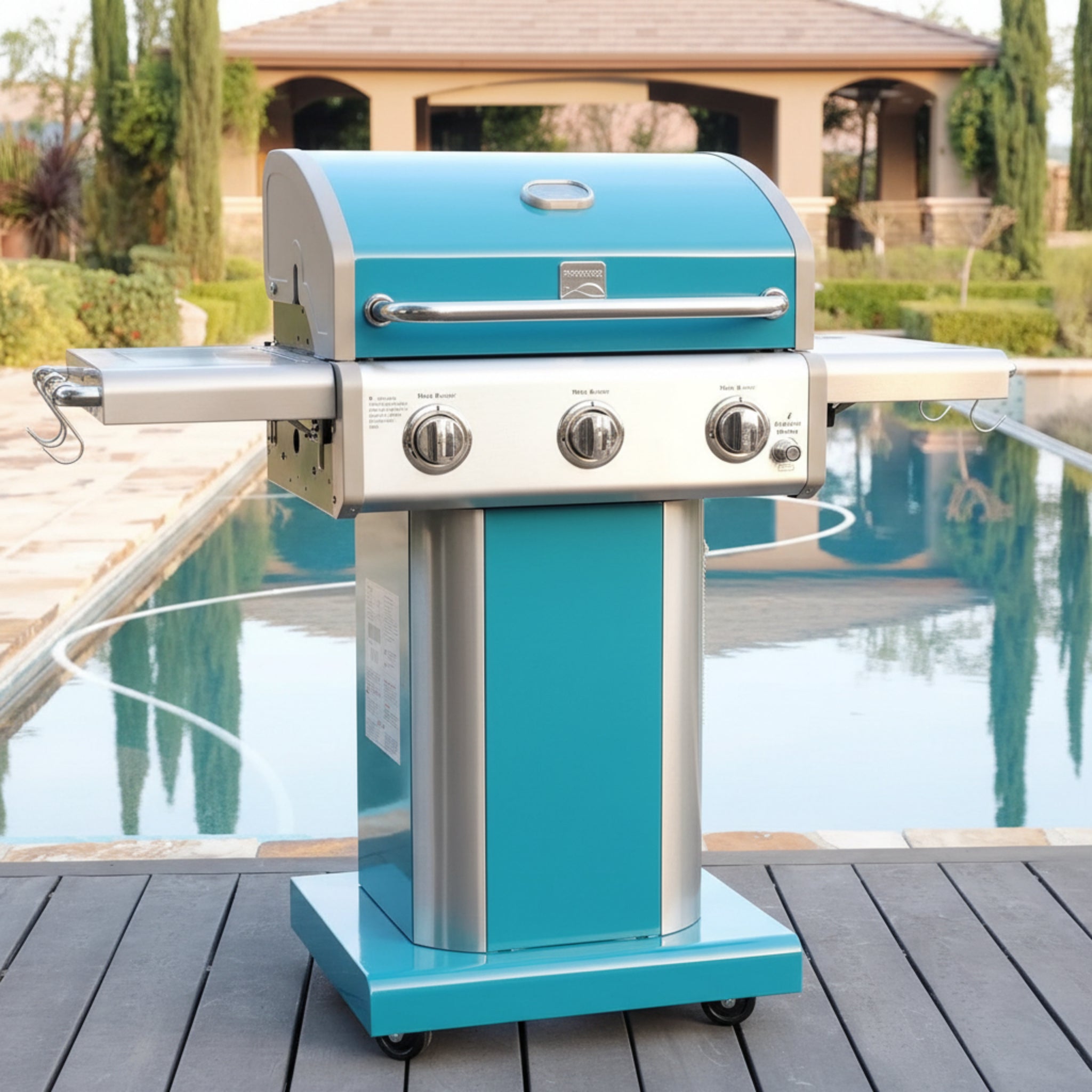 3-Burner Gas Grill, Outdoor BBQ Grill, Propane Grill with Foldable Side Tables, Teal Green