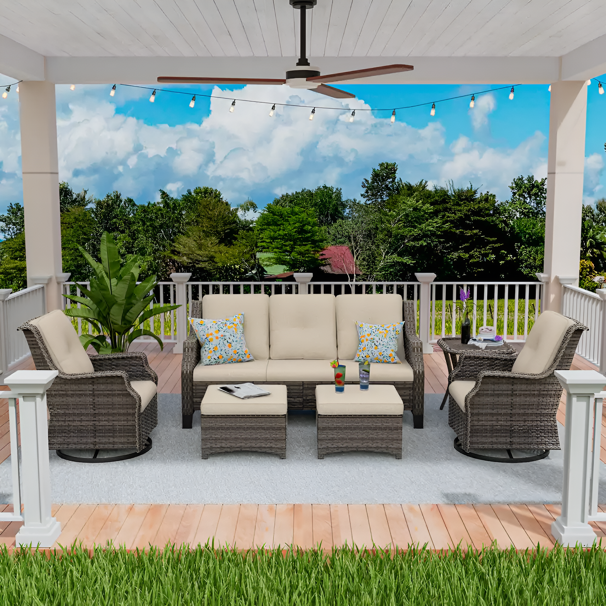 6-Pieces Wicker Outdoor Patio Furniture Set Rattan Chair Wicker Set with Beige Cushion
