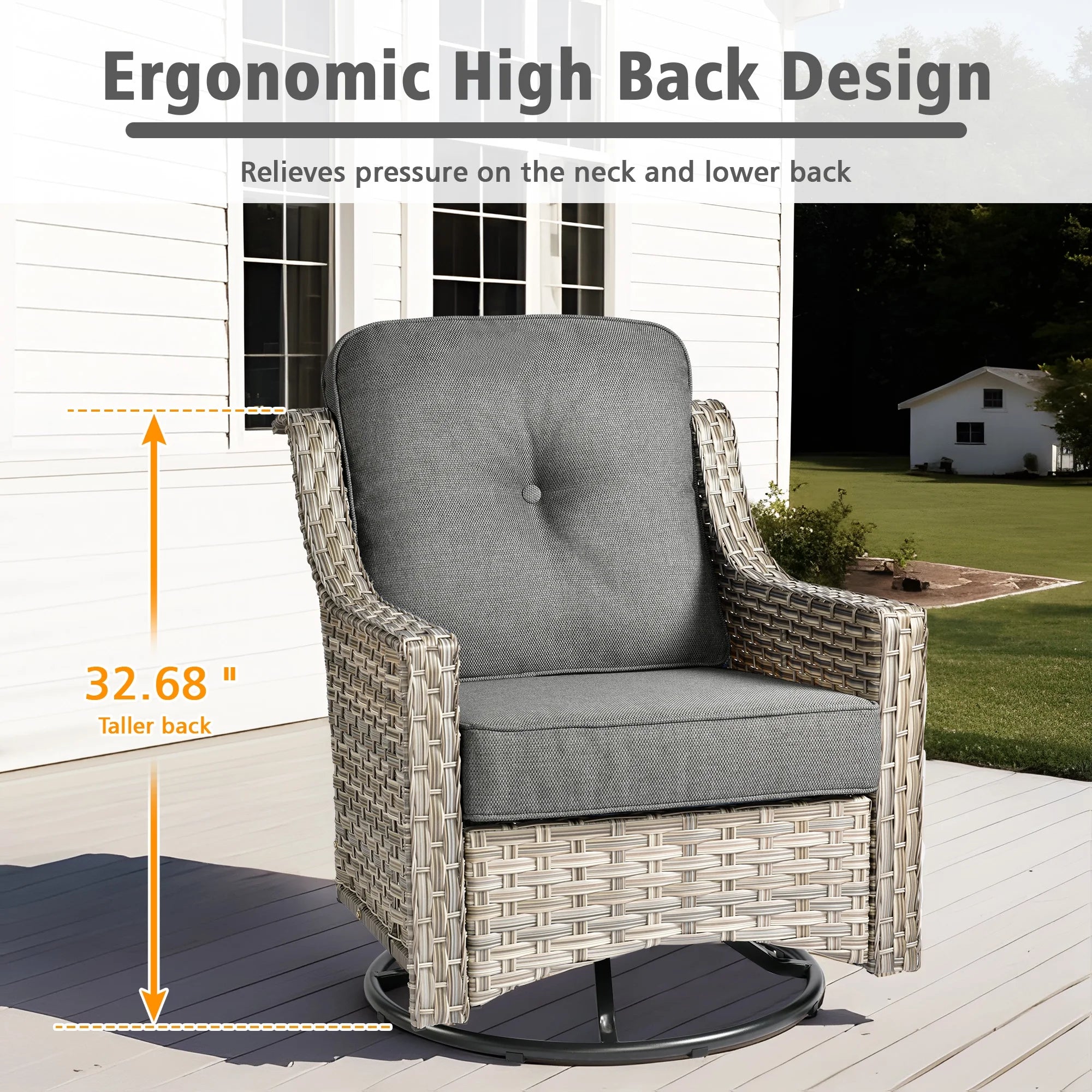 5 Pieces Outdoor Patio Furniture Set High-Back Rattan Wicker Conversation Set Outdoor Sectional with Swivel Chairs & Solar Light Coffee Table, Dark Grey
