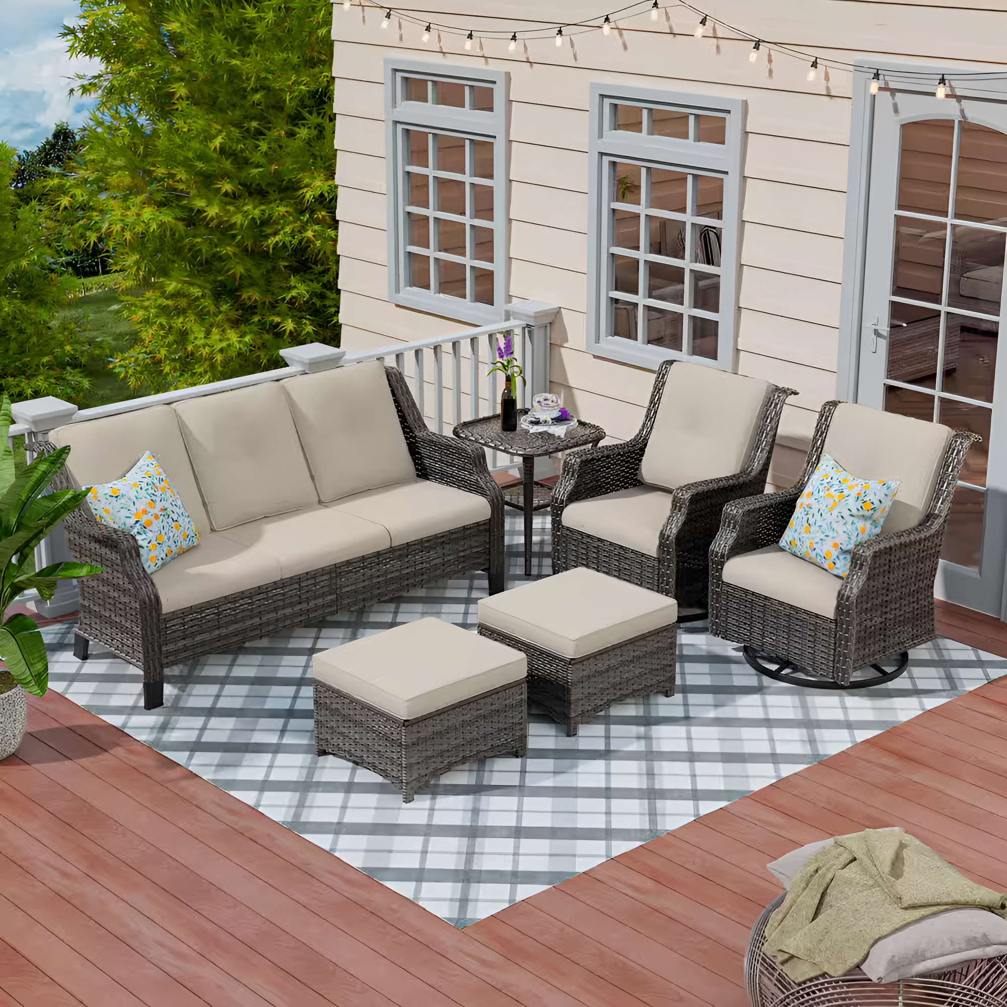 6-Pieces Wicker Outdoor Patio Furniture Set Rattan Chair Wicker Set with Beige Cushion