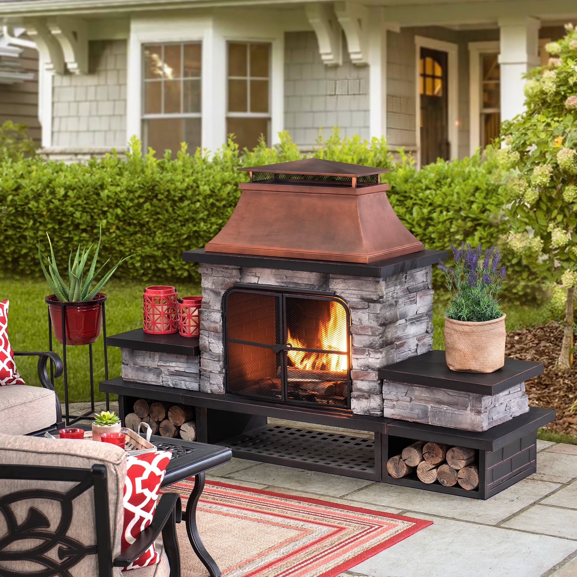Outdoor 48 Inch Steel Wood Burning Stone Fireplace with Fire Poker and Removable Grate