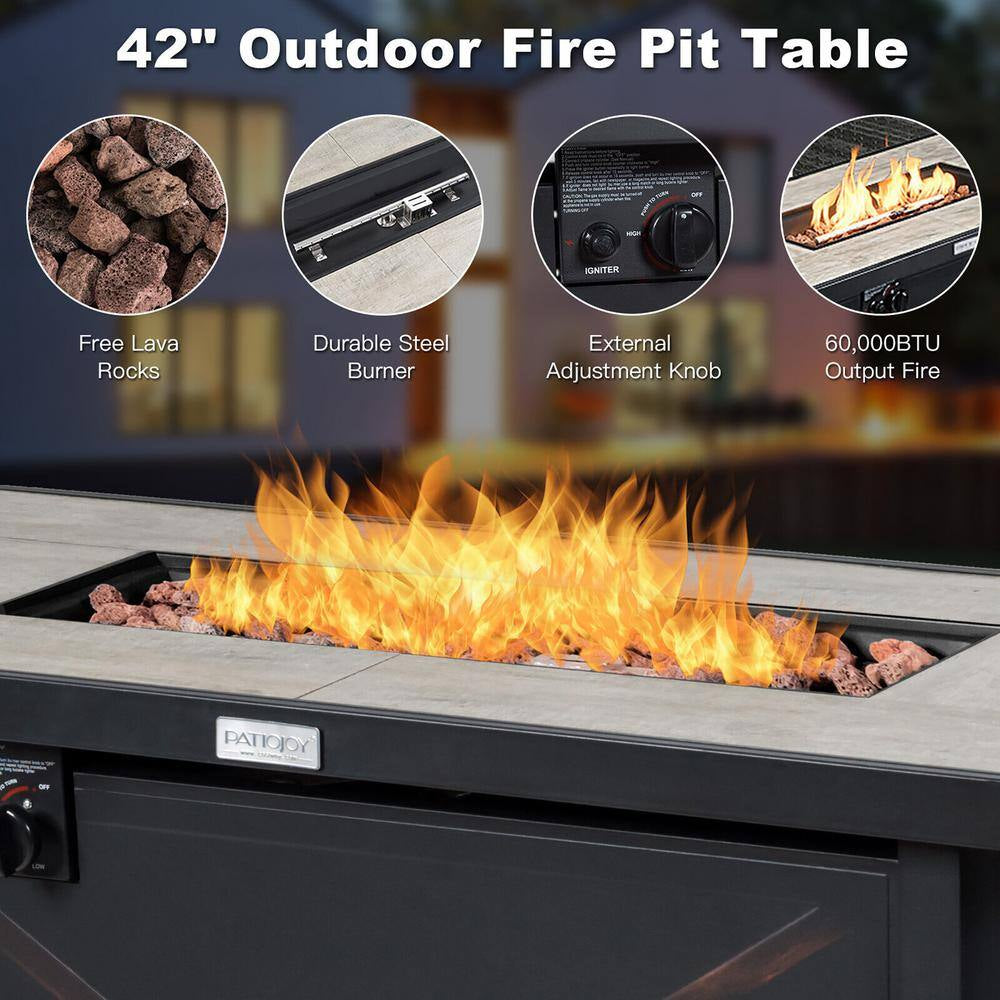 9-Pieces Patio Rattan Furniture Set Fire Pit Table Storage Black with Cover off White