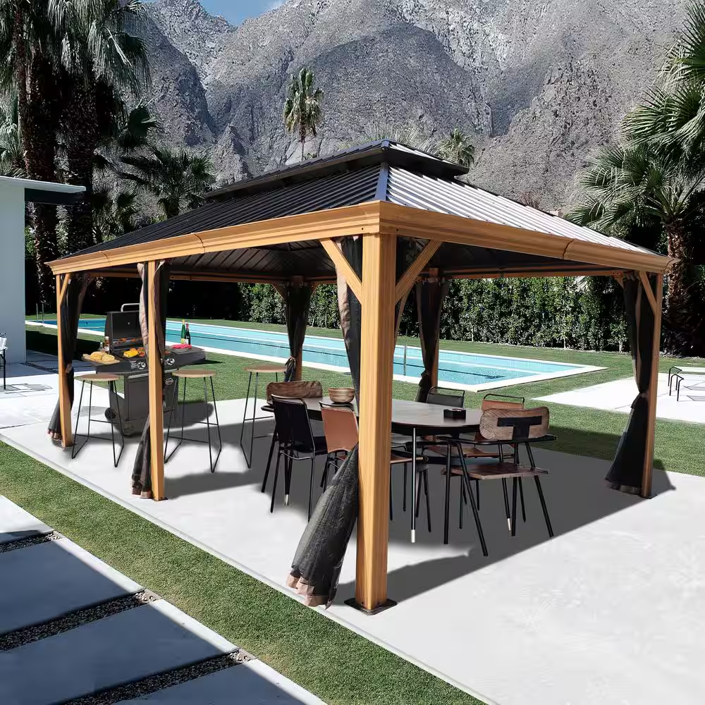 Apollo 12 Ft. X 18 Ft. Wood like Aluminum Hardtop Gazebo with Galvanized Steel Roof and Mosquito Net