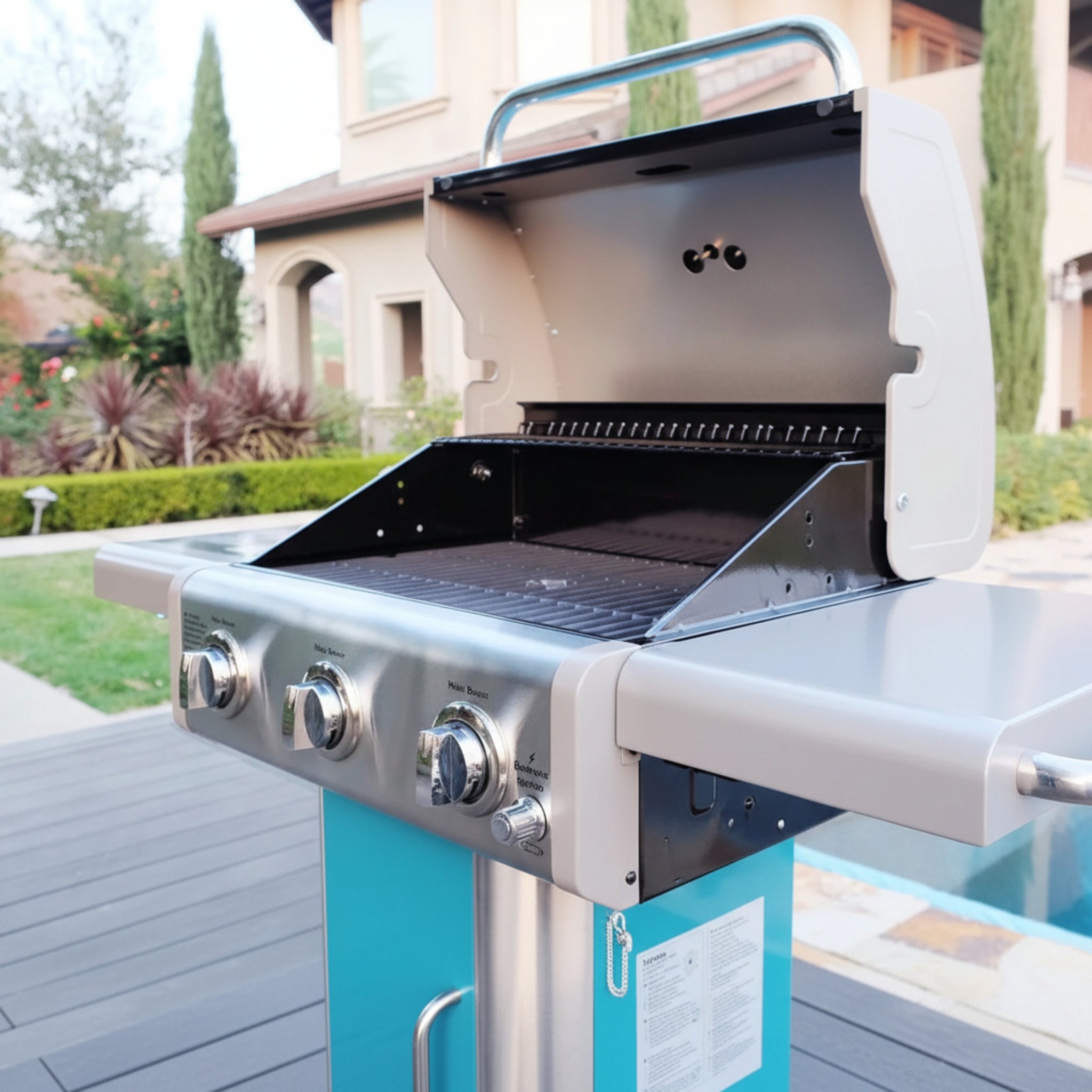 3-Burner Gas Grill, Outdoor BBQ Grill, Propane Grill with Foldable Side Tables, Teal Green