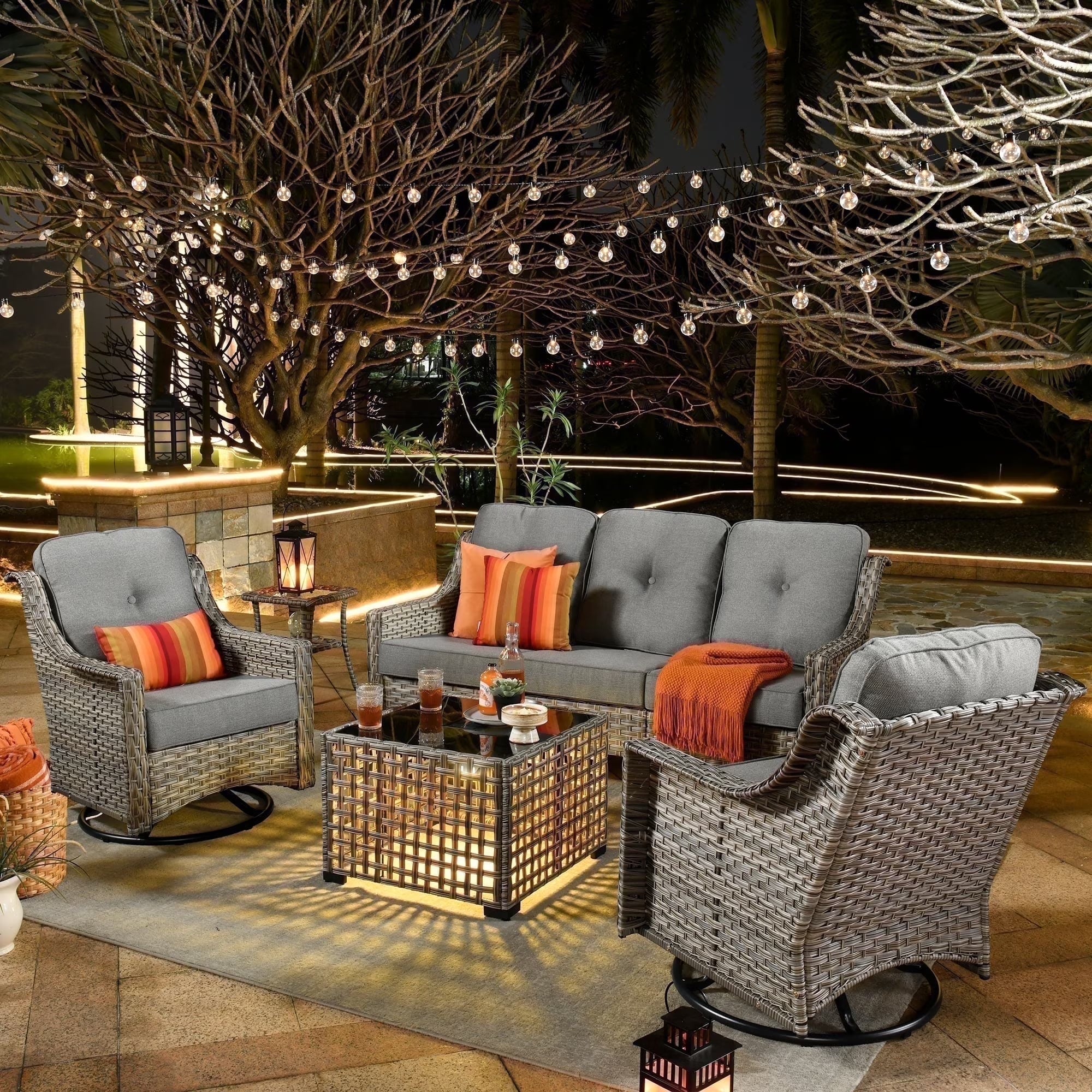 5 Pieces Outdoor Patio Furniture Set High-Back Rattan Wicker Conversation Set Outdoor Sectional with Swivel Chairs & Solar Light Coffee Table, Dark Grey