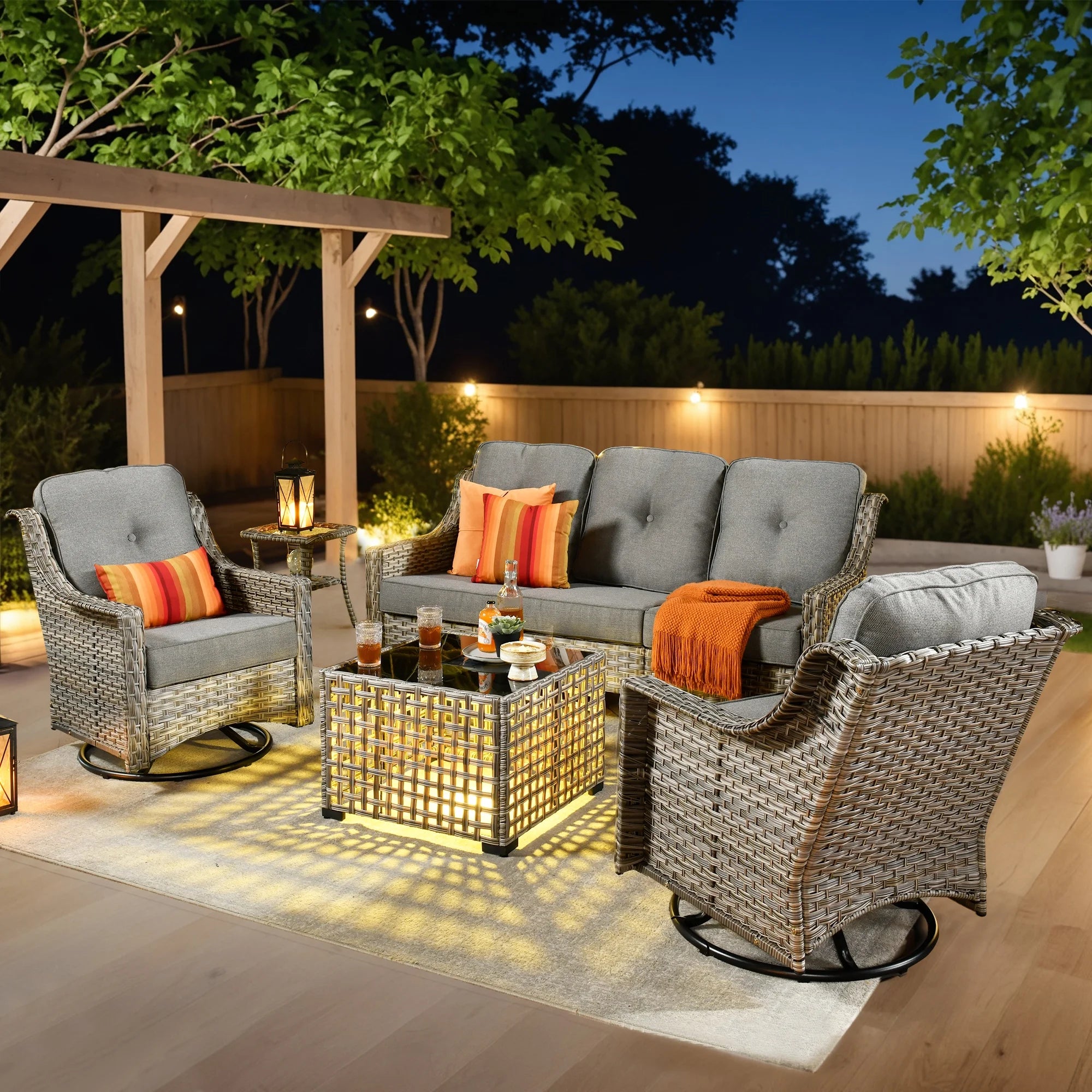 5 Pieces Outdoor Patio Furniture Set High-Back Rattan Wicker Conversation Set Outdoor Sectional with Swivel Chairs & Solar Light Coffee Table, Dark Grey
