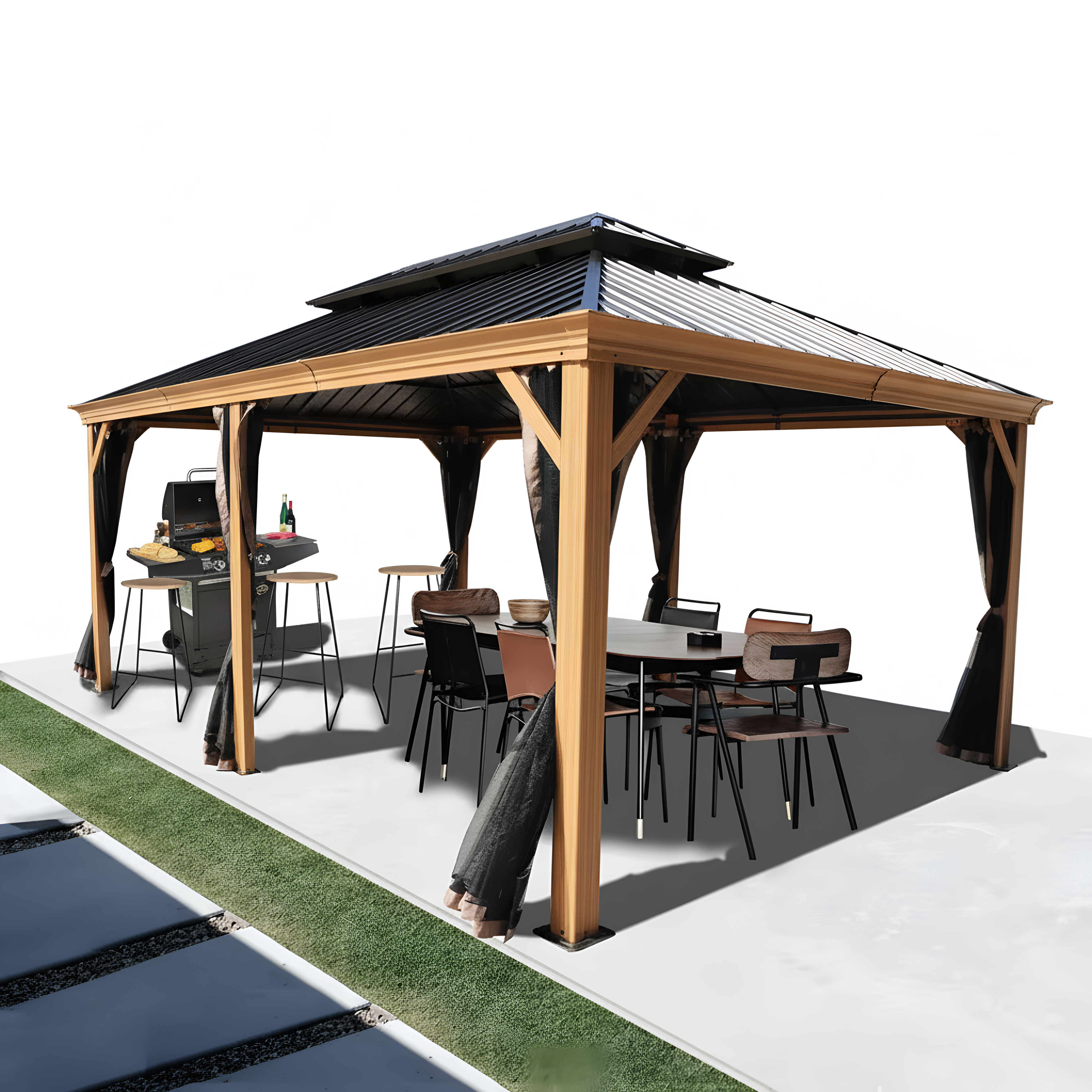 Apollo 12 Ft. X 18 Ft. Wood like Aluminum Hardtop Gazebo with Galvanized Steel Roof and Mosquito Net